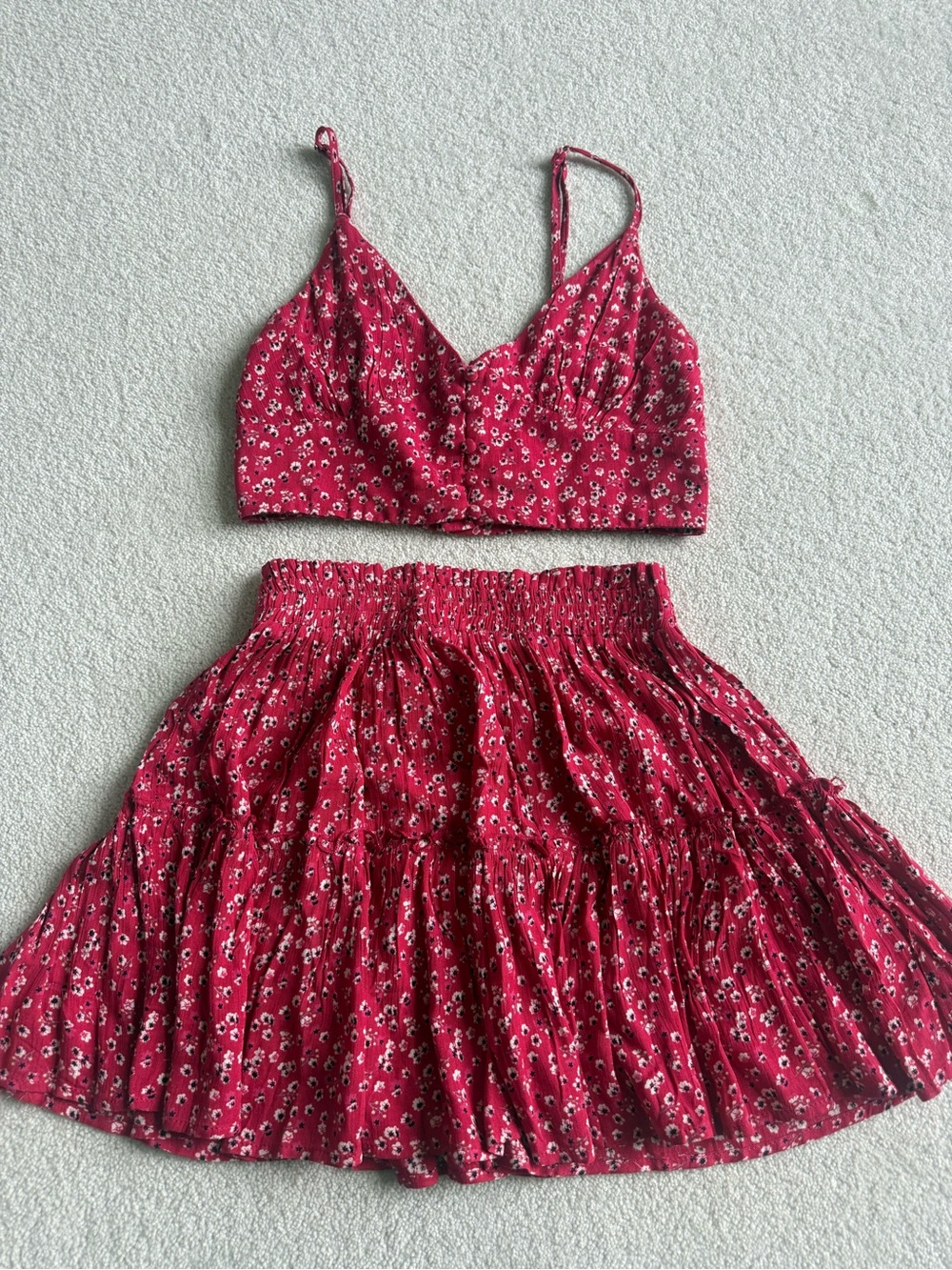 Princess Polly Red Floral Tiered Mini Skirt and Top